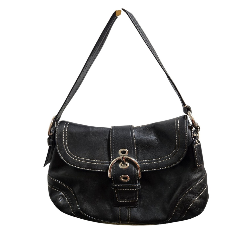 Coach Soho F10910 Buckle Flap Shoulder Bag Medium Black Leather Contrast Stitch